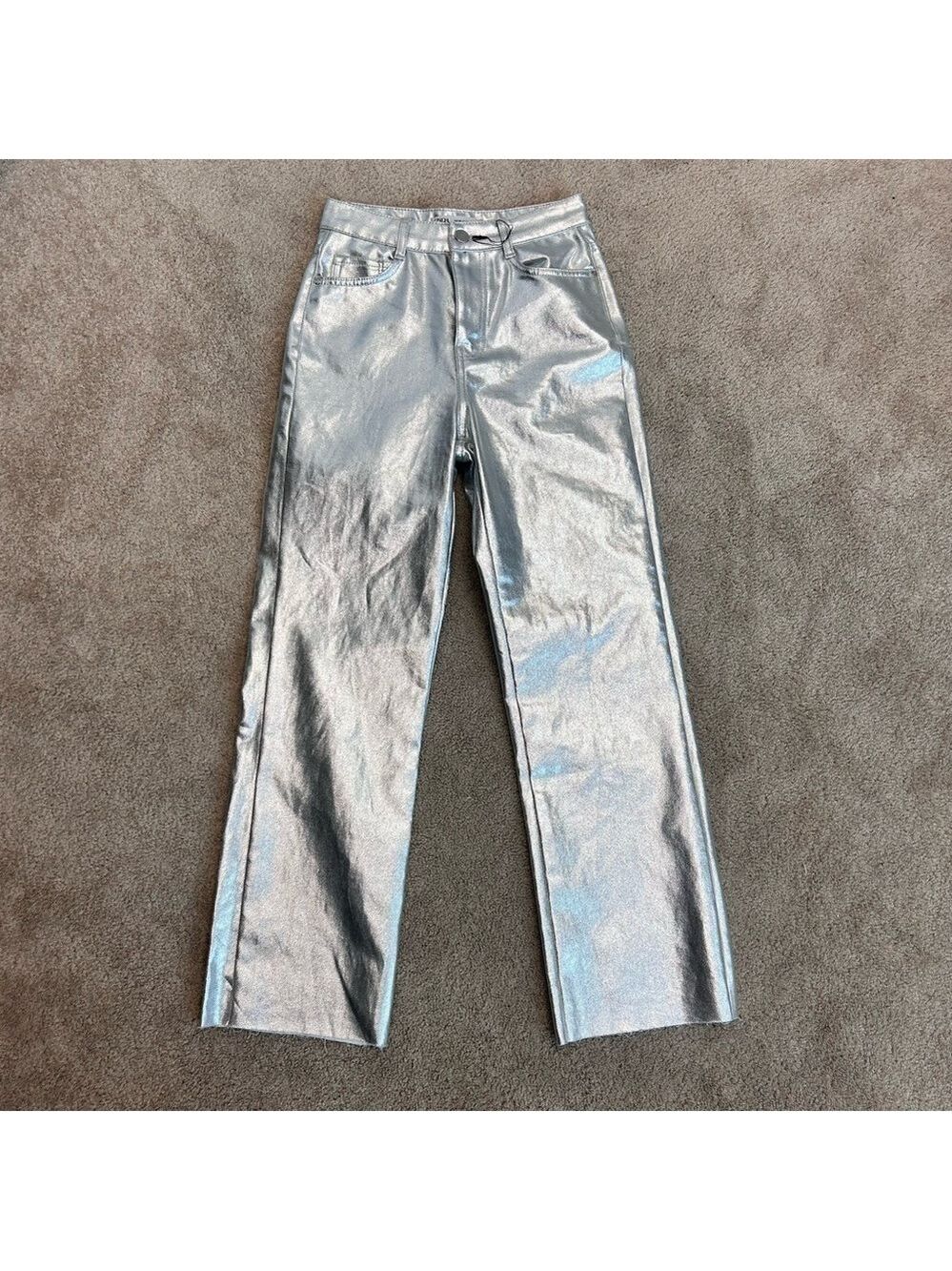 Zara metallic silver liquid foil straight cut high rise denim jeans Sz 2